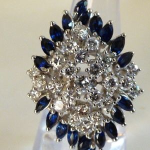 VTG 1960's 14k wite gold Marquise 3.3 Cts Sapphire & Diamond Cocktail Ring 6.75